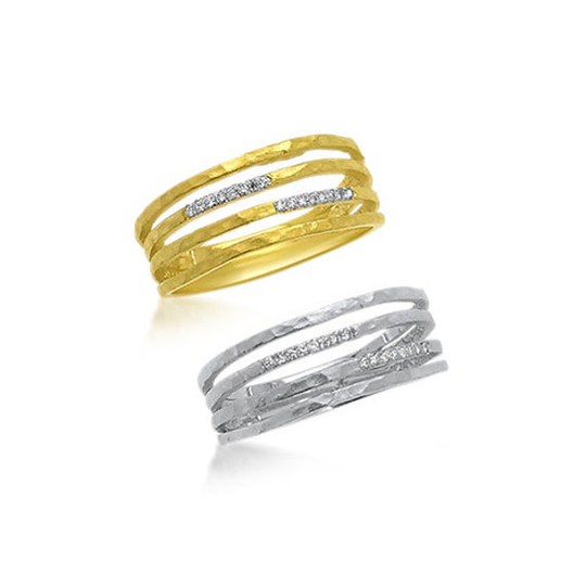 14K Solid Yellow Or White Gold Delicate Hammered Ring With Natural Diamonds