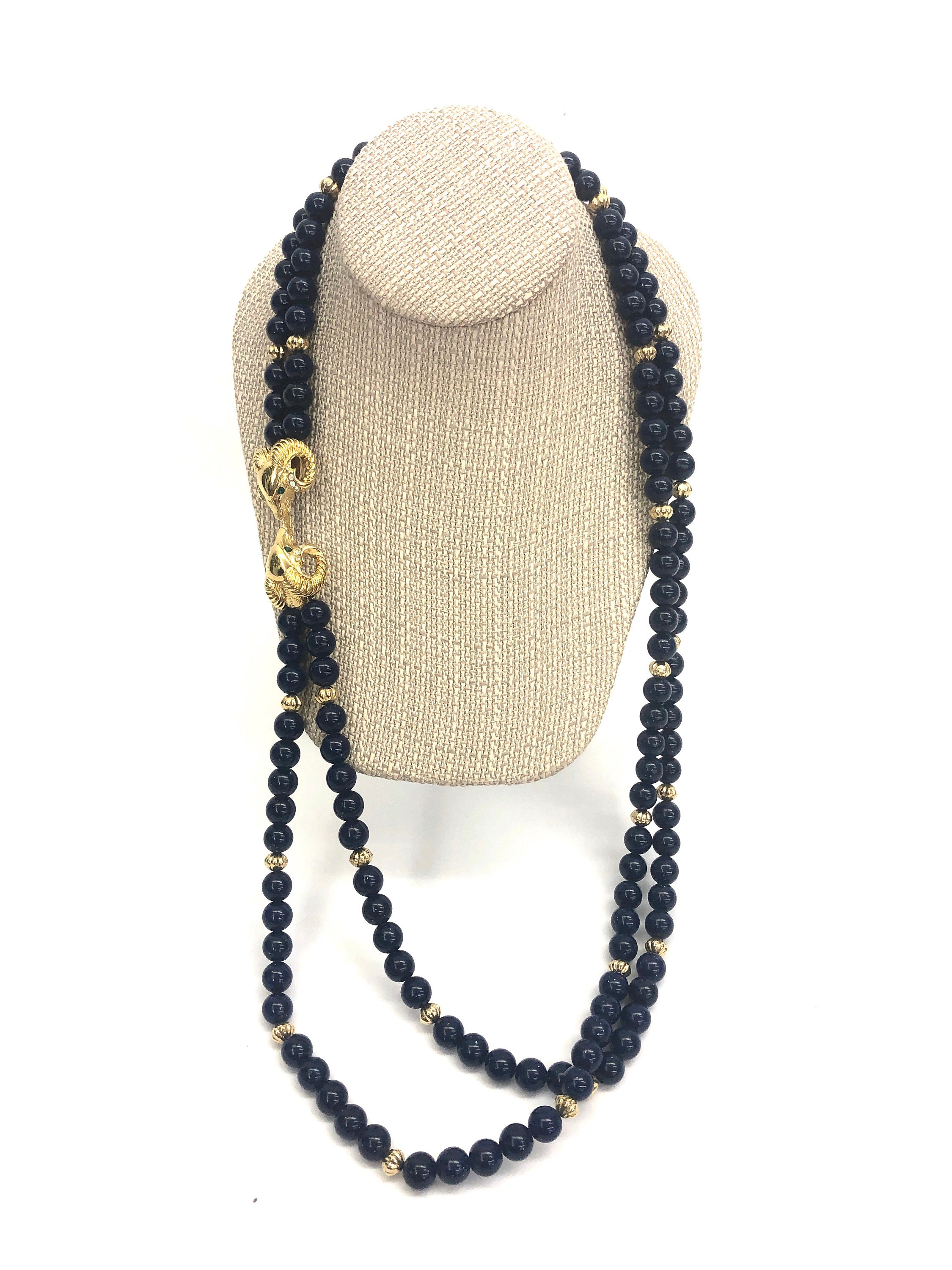 Vintage Tg 1980S 80S Kenneth Jay Lane Cobalt Beaded Rams Head Necklace