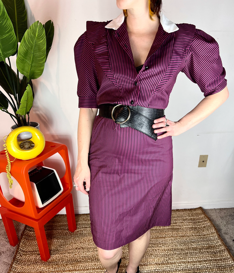 Vintage 80S New Wave Punk Pin Striped Secretary Puff Sleeve Wiggle Dress M
