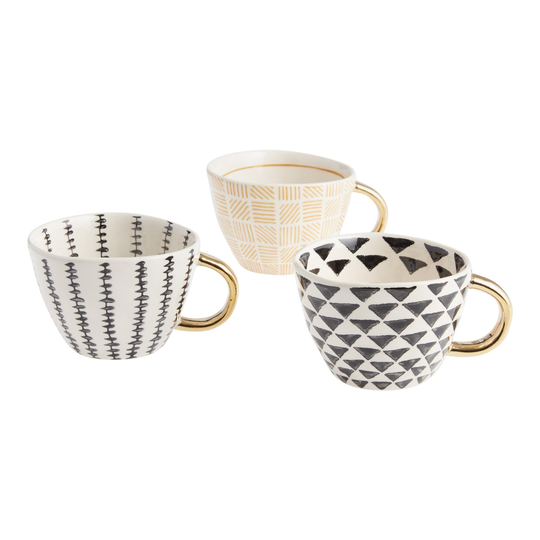 Black, White and Gold Geo Mugs Set Of 3: Black/Gold - Stoneware by World Market