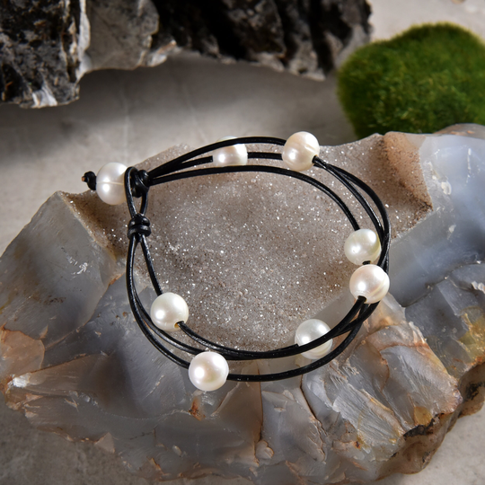 Multi-Strand Leather Pearl Bracelet. White Freshwater Beaded Multi Strand Southwestern Style