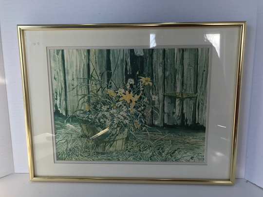 Carolyn Blish Signed Watercolor Print Framed Wood Fence, Flowers in A Bucket