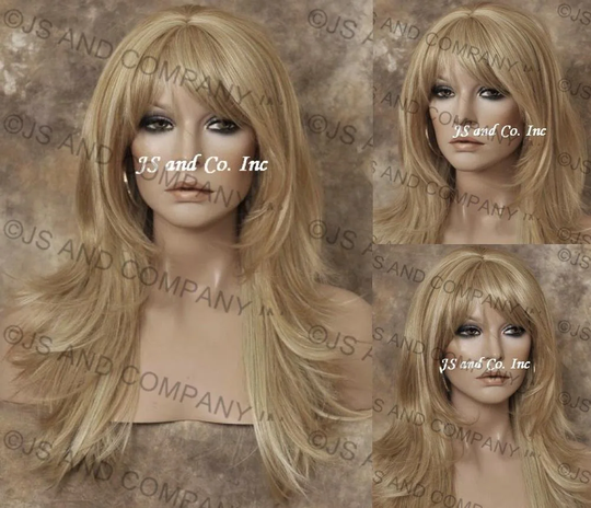 Golden Blonde Mix Human Hair Blend Wig Heat Ok Flared Out Sides & Back Full Bangs Cancer Alopeica Theater Anime Cosplay Emo
