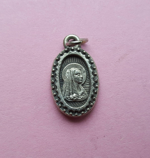 Religious French Catholic Silvered Medal Pendant Of Holy Mary & The Cave Lourdes With Saint Bernadette