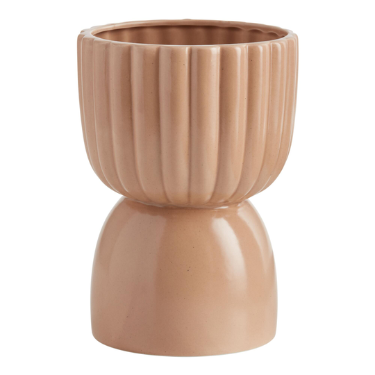 Natural Ribbed Ceramic Pedestal Planter - Metal by World Market