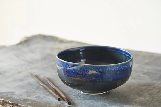 Dark Blue Ceramic Serving Bowl, Round Large Pottery Salad Modern Japanese Nesting Bowl With Leg, Unique Handmade Holiday Gift
