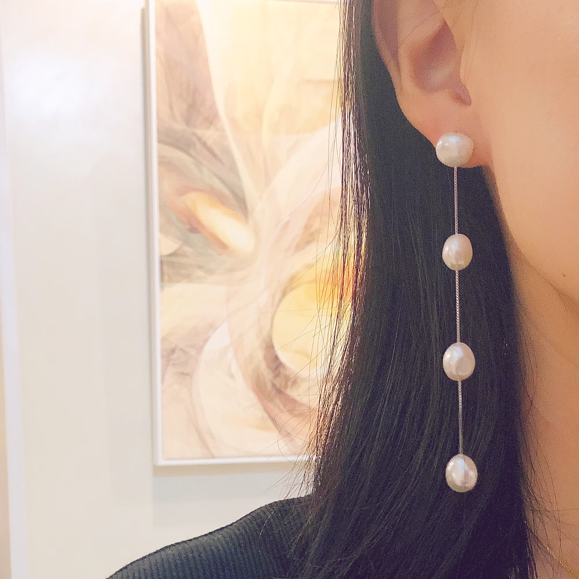 4 Pearls Long Pearl Earrings, Freshwater Nugget Baroque Earrings Dangling, 10cm Silver 925 Chain Earrings, Floating