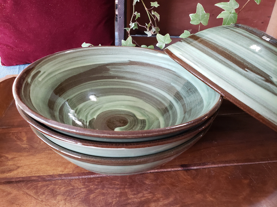 Ceramic Large Green Bowls With Natural Brush Swirl Design, 40 Fl Oz. Salad, Poke, Udon, Bibimbab, Noodle Serving Bowls