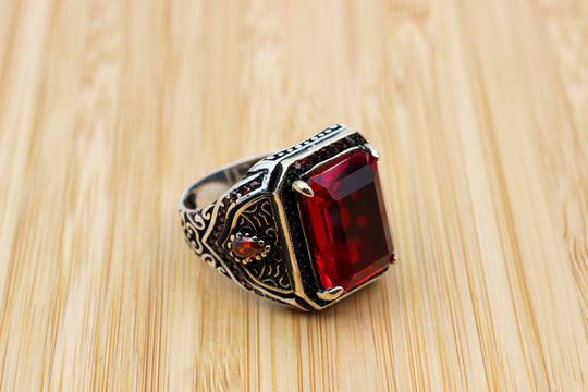 Ruby Men's Ring, Handmade Turkish Silver Mens Ottoman Jewelry, Gift For Him, 925K Sterling