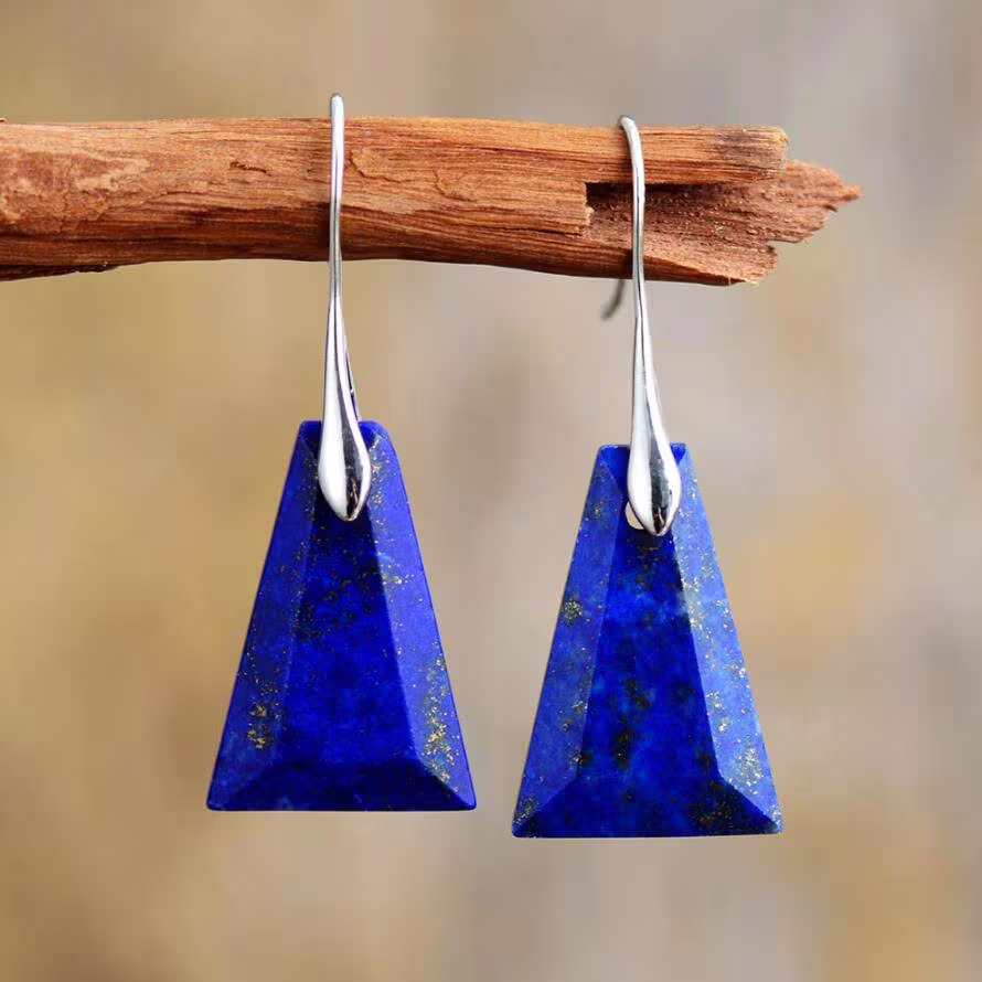 Genuine Lapis Lazuli Earrings-Natural Blue Gemstone Geometric Earrings-Lapis Dangle Earrings-Healing Crystal Drop Earrings