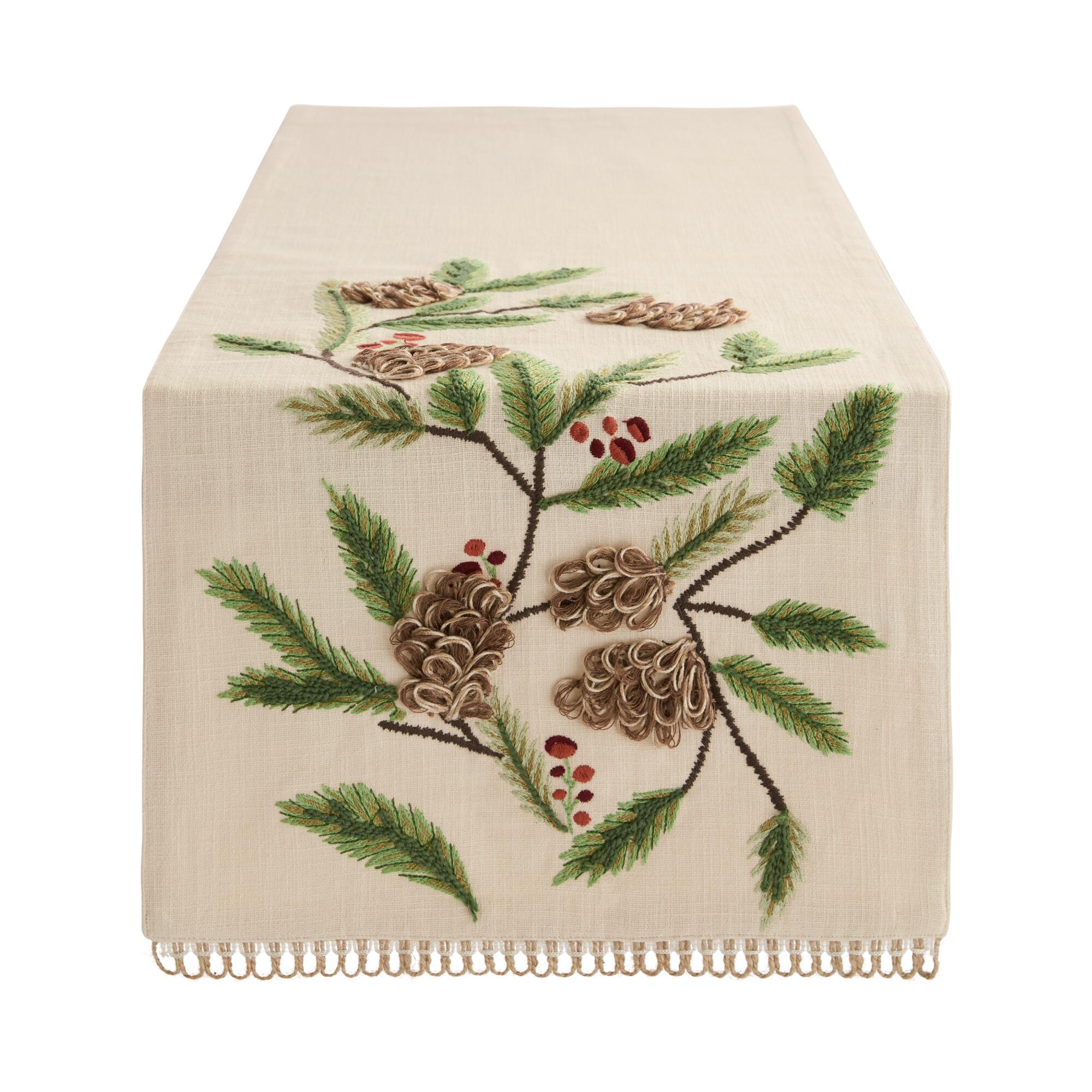 Pier Place Pinecones and Leaves Embroidered Table Runner: Multi - Cotton by World Market