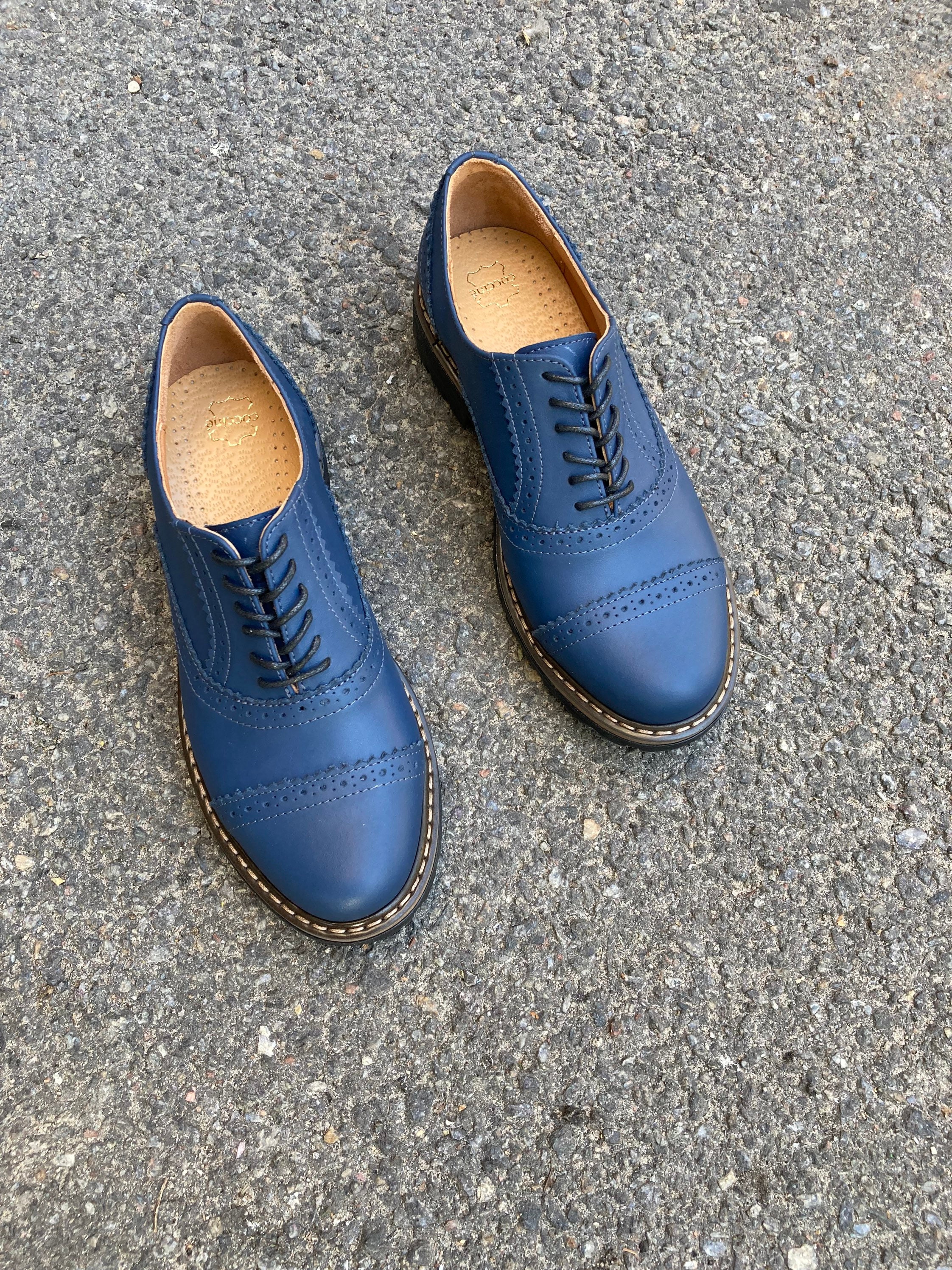 Navy Blue Leather Women Handmade Oxfords Brogues Shoes