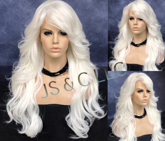 White Human Hair Blend Long Wig Wavy Curly Bangs Off Center Part Heat Safe Cancer Alopecia Theater Cosplay Stunning