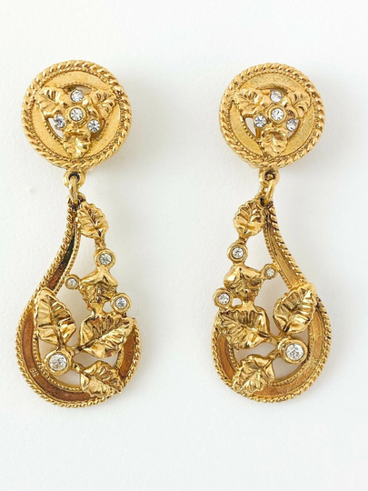 Vintage Sonia Rykiel Earrings, Gold Tone Earrings Dangle Gold, Leaves Openwork, Rhinestone, Jewelry, Gift For Her