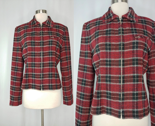 Vintage 90S Andrea Jovine Red Plaid Wool Blend Zip Up - Nineties Size 8 Short Jacket