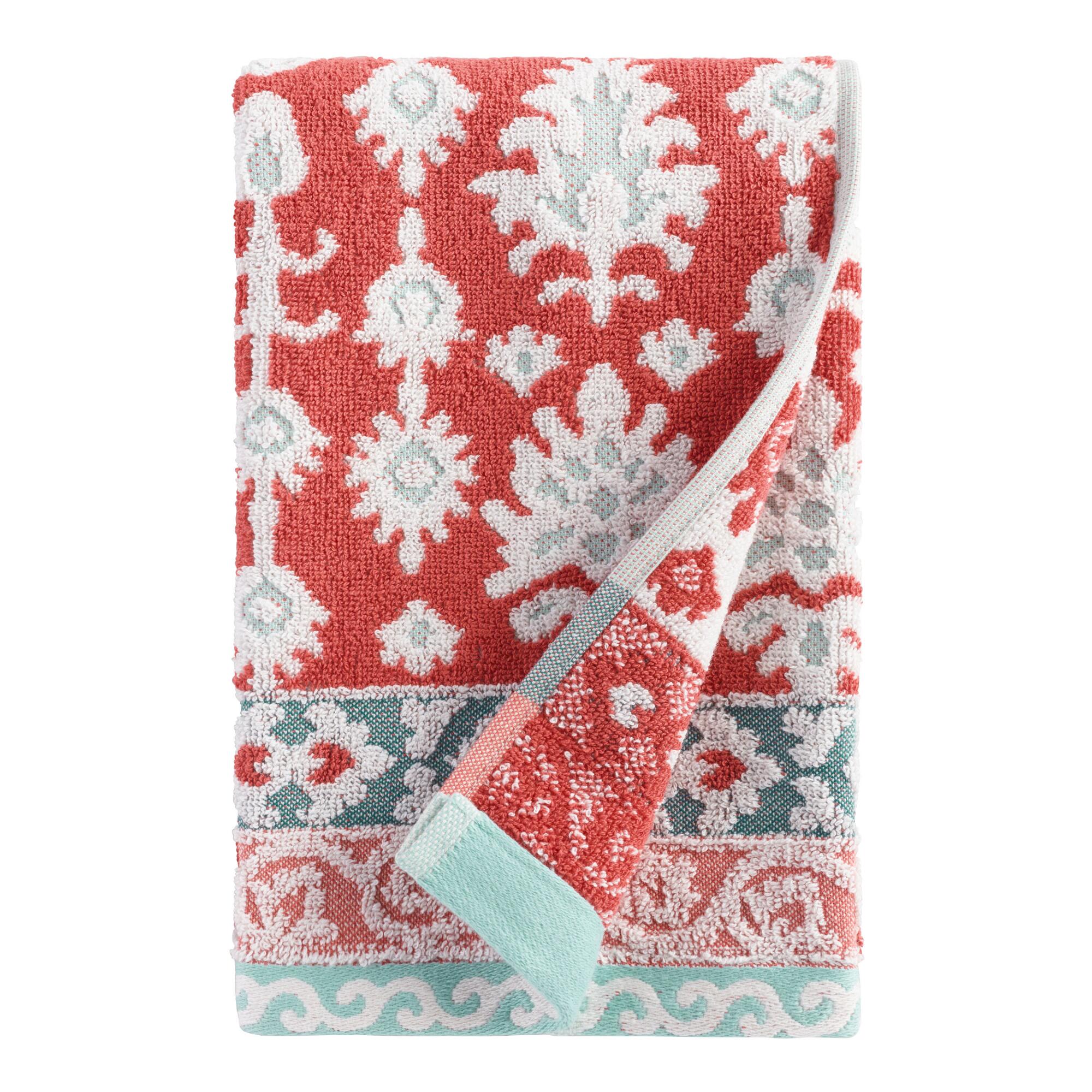 Coral and Aqua Ikat Miriam Sculpted Hand Towel: Orange/Red - Cotton by World Market