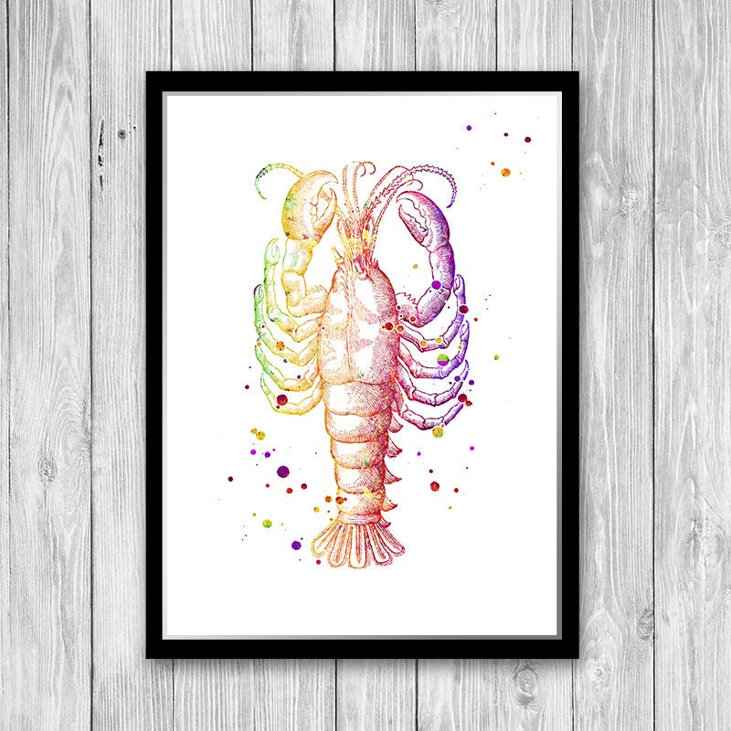 Lobster Watercolor Art Print Seafood Fish Food Restaurant Wall Decor Multicolor Hanging For Kitchen Crawfish Art Gift Chef