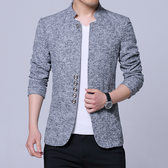 2022 Men Fashion Stand Collar Slim Fit Chinese High Quality Blends Suit Jacket / Male Casual Trend Large Size Wool Blazer Coat - light grey, asian l