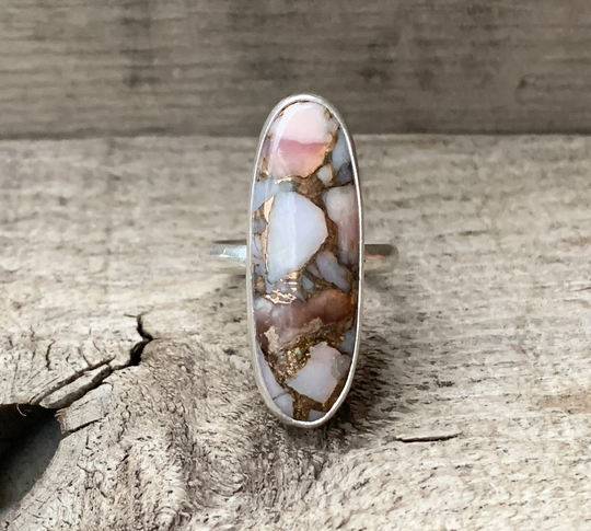 Long Oval Bronze Pink Opal Copper Infused Sterling Silver Statement Ring | Elegant October Birthstone
