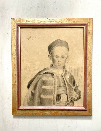 1850S French Antique Engraving On Paper. Kid Wearing A Military Uniform