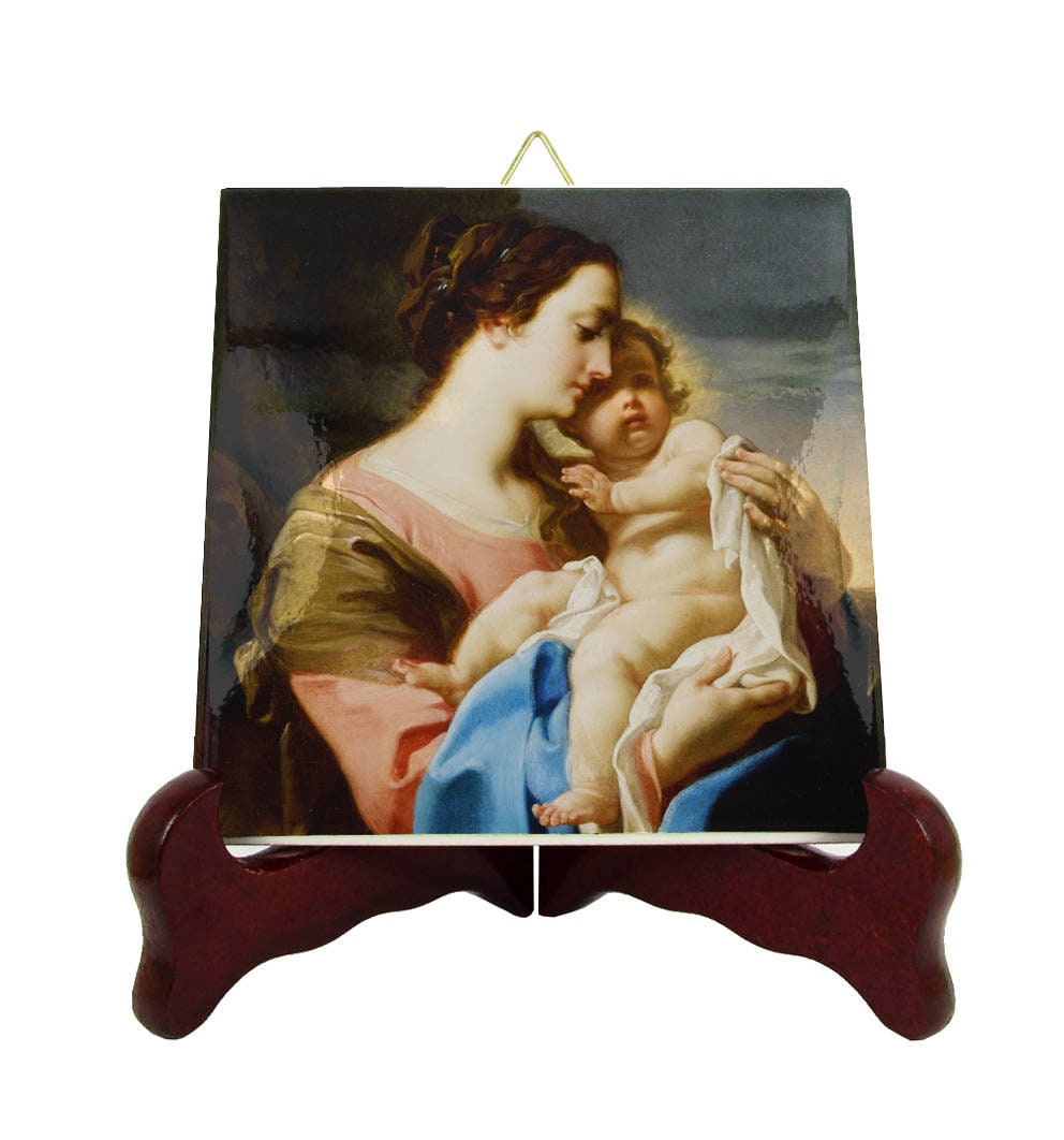 Blessed Virgin Mary & Jesus Child - Christian Icon On Tile Devotionals Faith Religious Decoration Devotional Gift