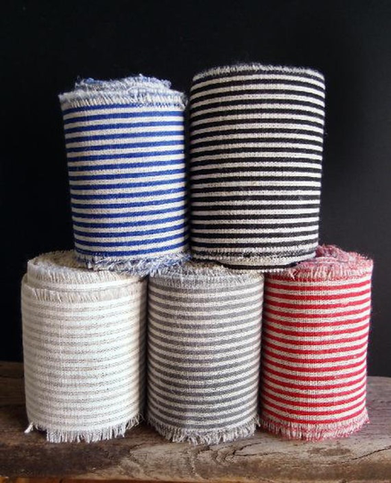 3" X 5Yard Striped Linen Blend Ribbon With Fringe Edges, Polyester Ribbon, For Wreaths, Packaging