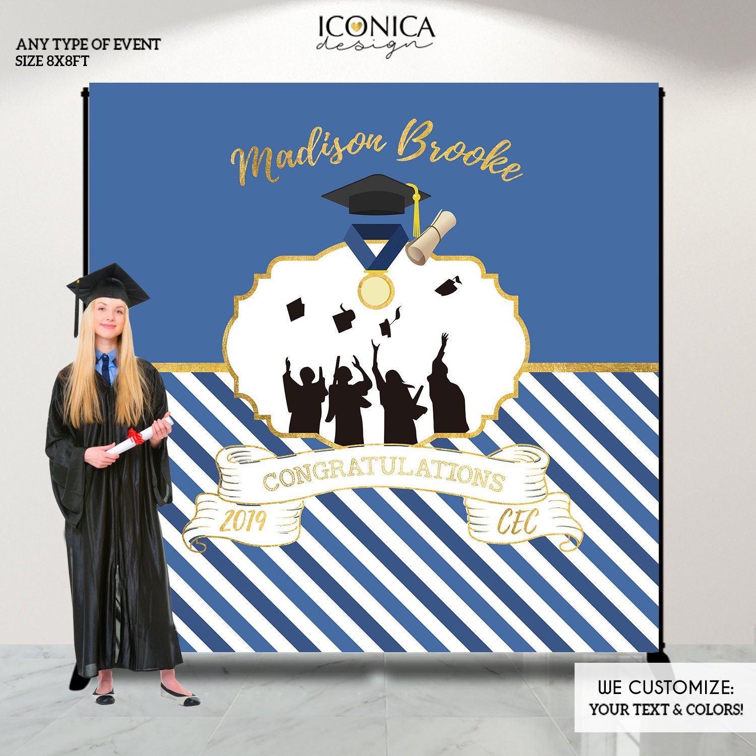 Graduation Party Photo Booth Backdrop, Blue Virtual Decor Step & Repeat Any Color, Congrats Grad, Any Text