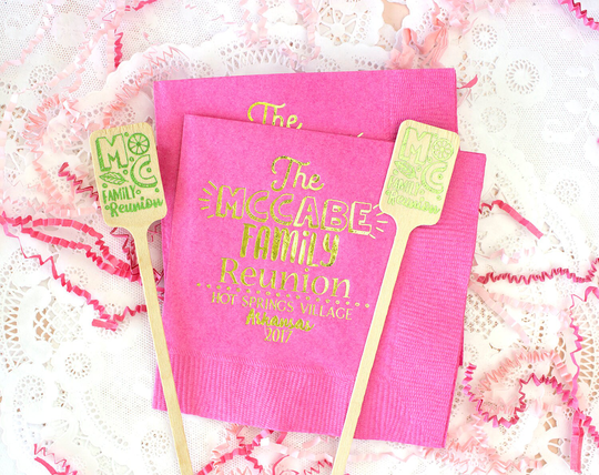 Family Reunion Napkins, Wedding Custom Party Gold Picnic Cocktail Party, Hostess Gift