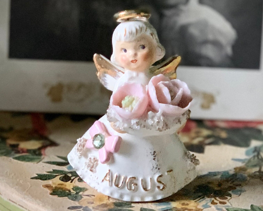 Vintage Angel Figurine Mini Lefton Ceramic August Pixie Girl With Pink Flowers Miniature Figure 3.5 Inch Tall