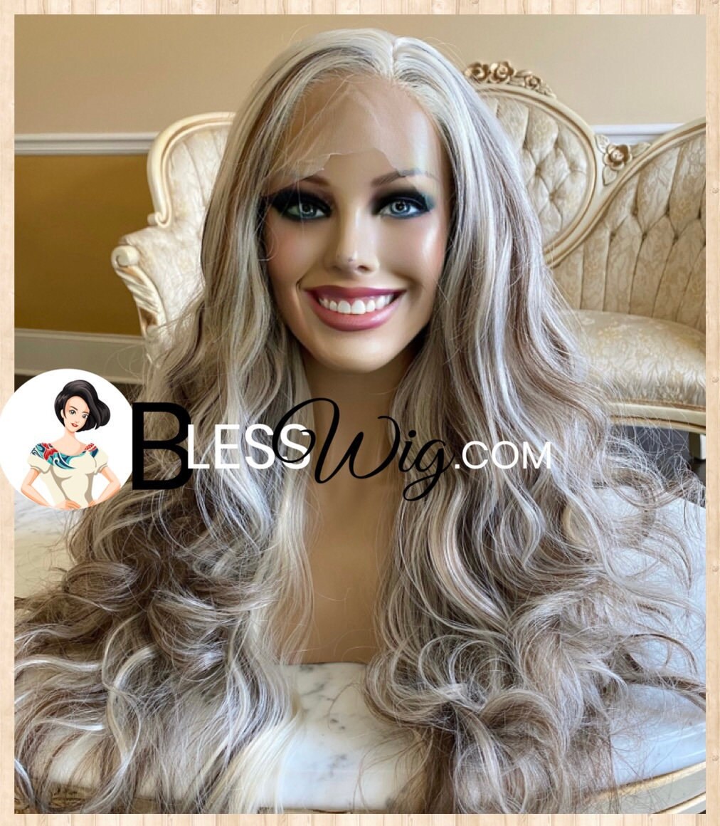 Platinum Synthetic Blend Hair. Blonde Brown Highlight Curly Lace Front Wig. Human Hair Blend..blesswig