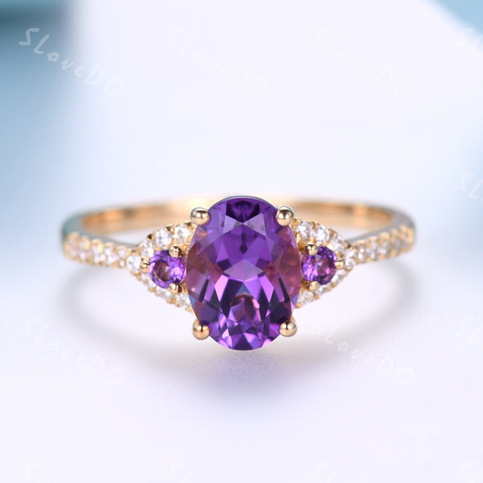 Purple Amethyst Engagement Ring, Natural Ring, February Birthstone, Anniversary Ring Gift For Her, Rose Gold, Gemstone Ring, Women