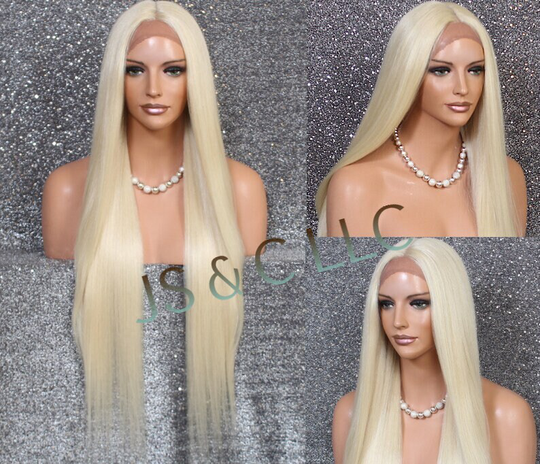 45" Human Hair Blend Lace Front Wig Hand Tied Center Part Straight Heat Safe Pale Blonde Cancer/Alopecia/Cosplay/Anime/Emo