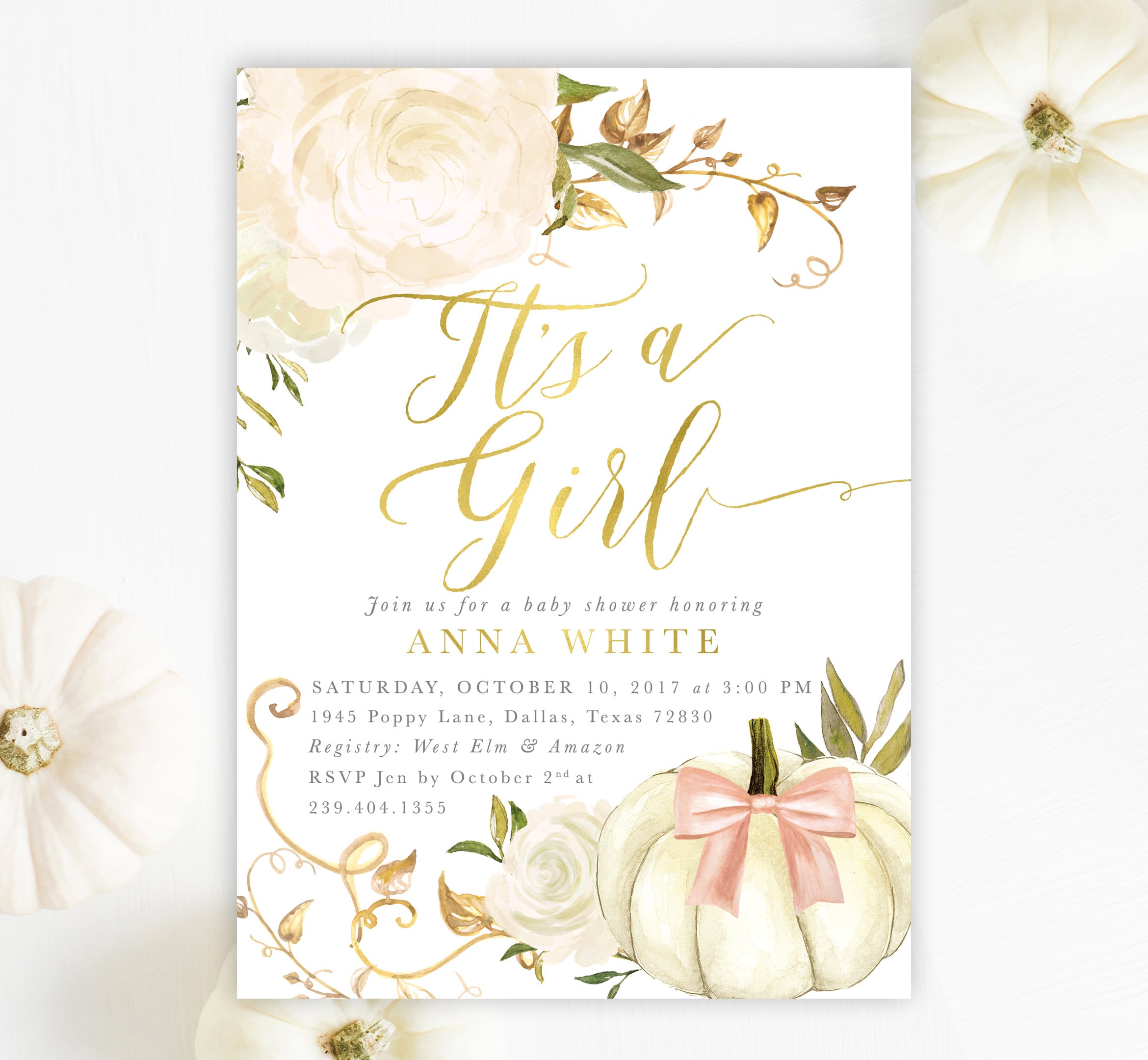Fall Girl Baby Shower Invitation, Pumpkin Invite, It's A Autumn White Roses, Printed/Printable - 2