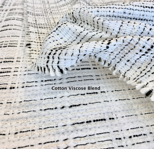 Black White Tweed Fabric, Striped Cotton Blend Boucle, Textured Woven Designer Material For Coat, Suit Or Blazer, By 2.33 Meter