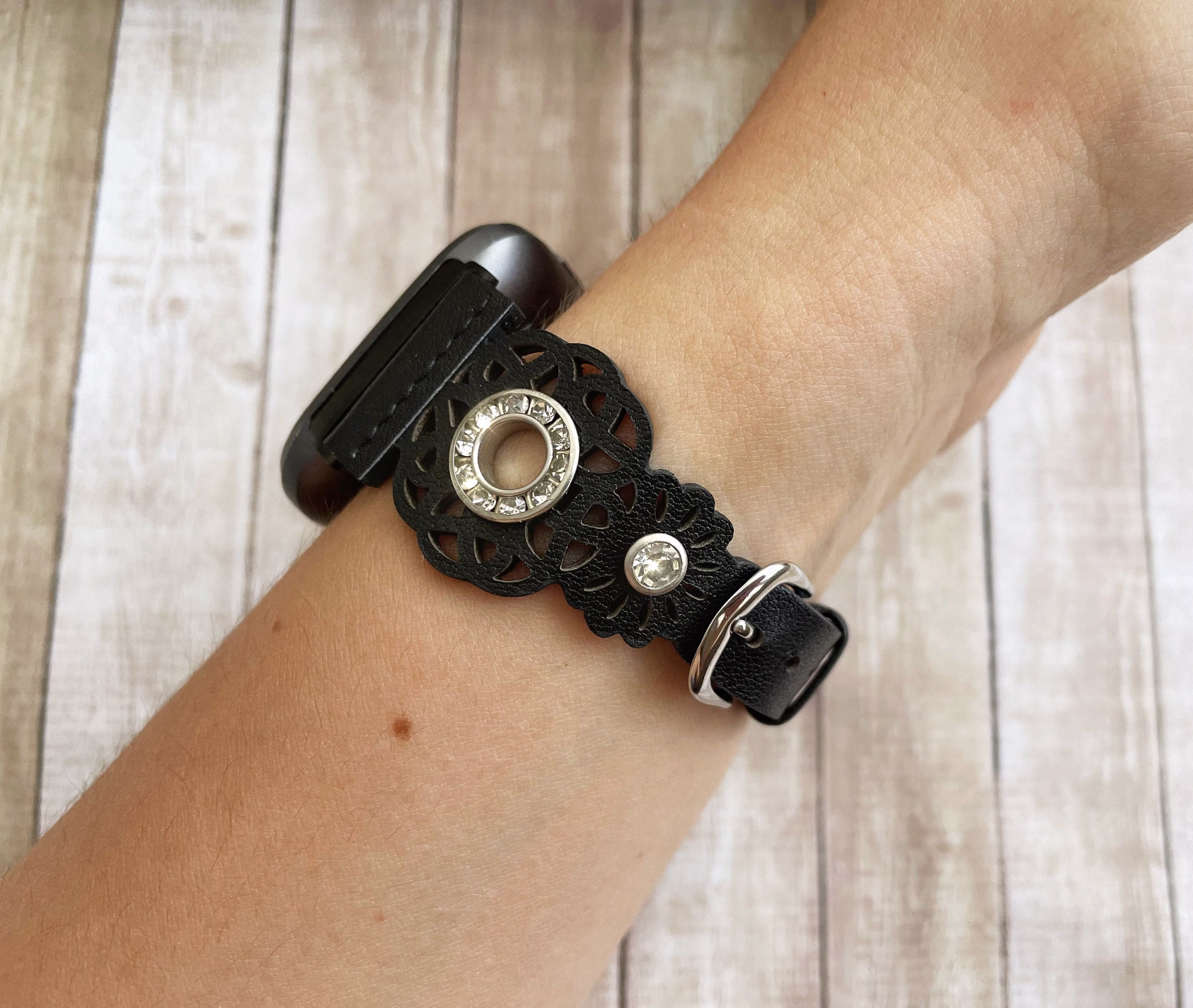 Boho Chic Lace Leather Fitbit Sense Band Black Filigree Wristband Versa 3 Strap Best Gift For Loved