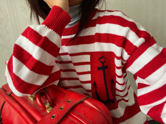Vintage Red Striped Cotton Blend Knit Sweater/Jumper/ Pullover/ L - Xxl