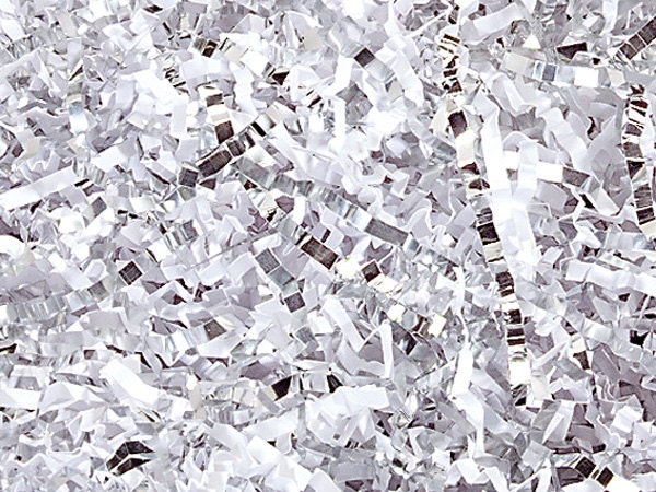 White & Sparkly Metallic Silver Blend Gift Basket Shred, Crinkle Paper Filler Display Bedding | Free Shipping