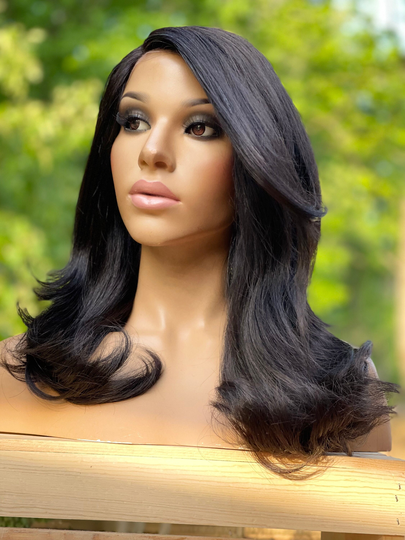 Human Hair Blend Wig 18" #2 Dark Brown Layered Curly Lace Front Wig, Middle Part Color 2 Wig