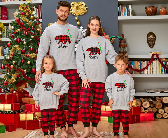 Custom Matching Family Christmas Sweatshirt, Bear Plaid Mama Pant