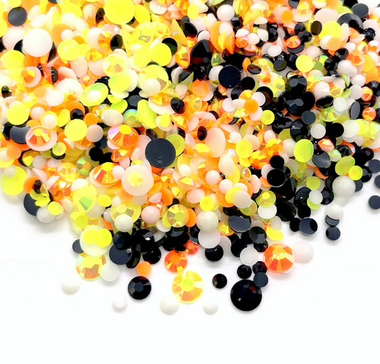 Halloween Blend Rhinestone Mix 3/4/5/6mm Flatback Jelly Resin Rhinestones Mixed Sizes, Pretty Mix - Orange | Yellow Black White