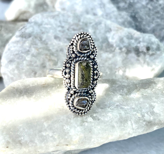 Size 7 Very Rare Genuine Natural Raw Moldavite & Meteorite Campo Del Cielo Ring, 925 Sterling Silver
