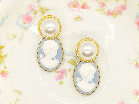 Cameo Earrings/Smoky Blue Earrings/Blue Earrings/Something Blue/Pearl Post Earrings/Gift For Her/Blue Earrings/Pearl Earrings