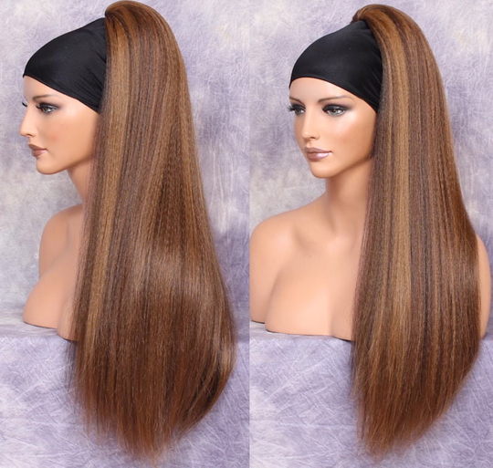 Brown Auburn Mix 28" Human Hair Blend Ponytail Hair Extension Textured Full Straight Drawstring Cancer Alopecia Theater Cosplay