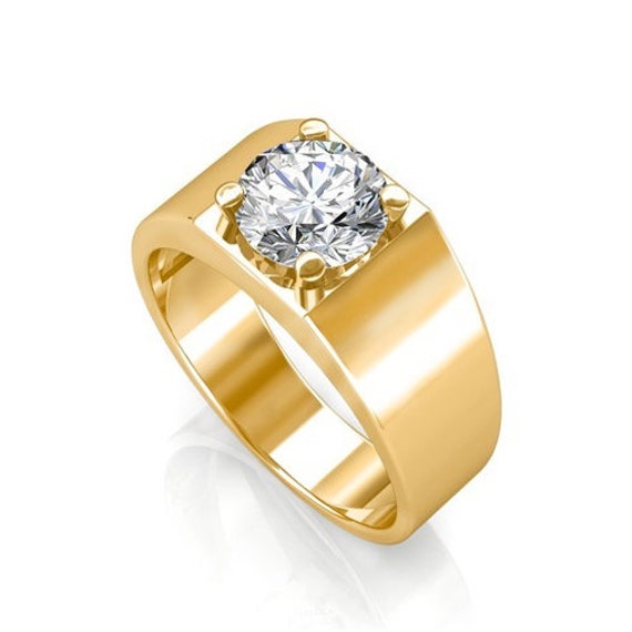 Moissanite Diamond Mens Ring, Round Cut Diamond Men's Ring, 14K Yellow Gold Finish, Men'ssolitaire Ring , Gift For Him