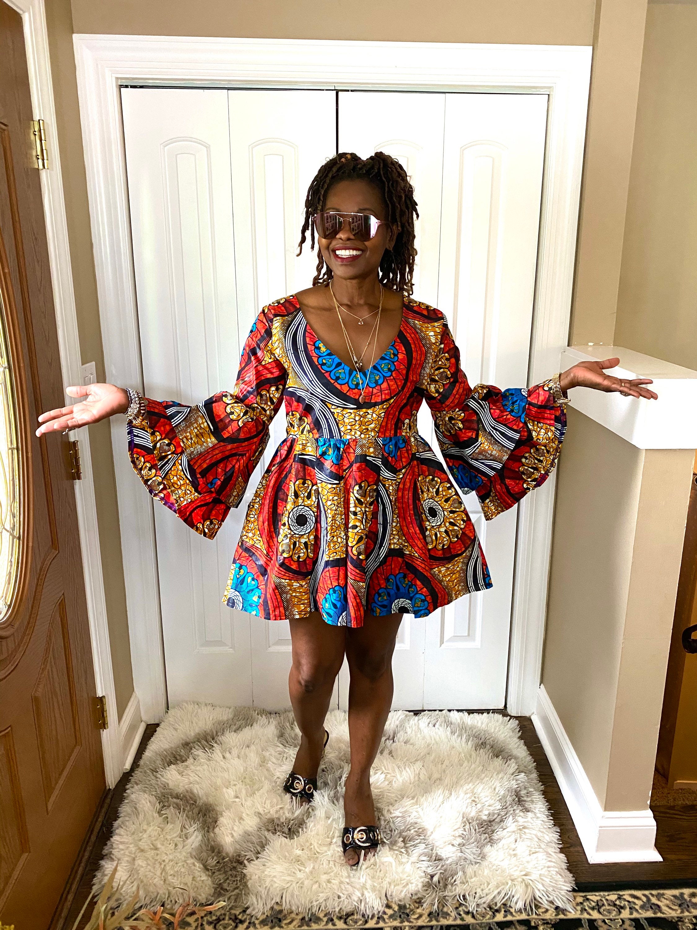 New African Dress Double Peplum Sleeves Ankara With Pockets Clothing For Women Print Deep V Neck Elegant