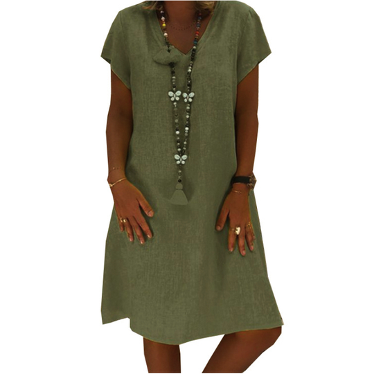 2022 Solid color short sleeve V-neck A-Slim dress cotton blend - ARMY GREEN, 3XL