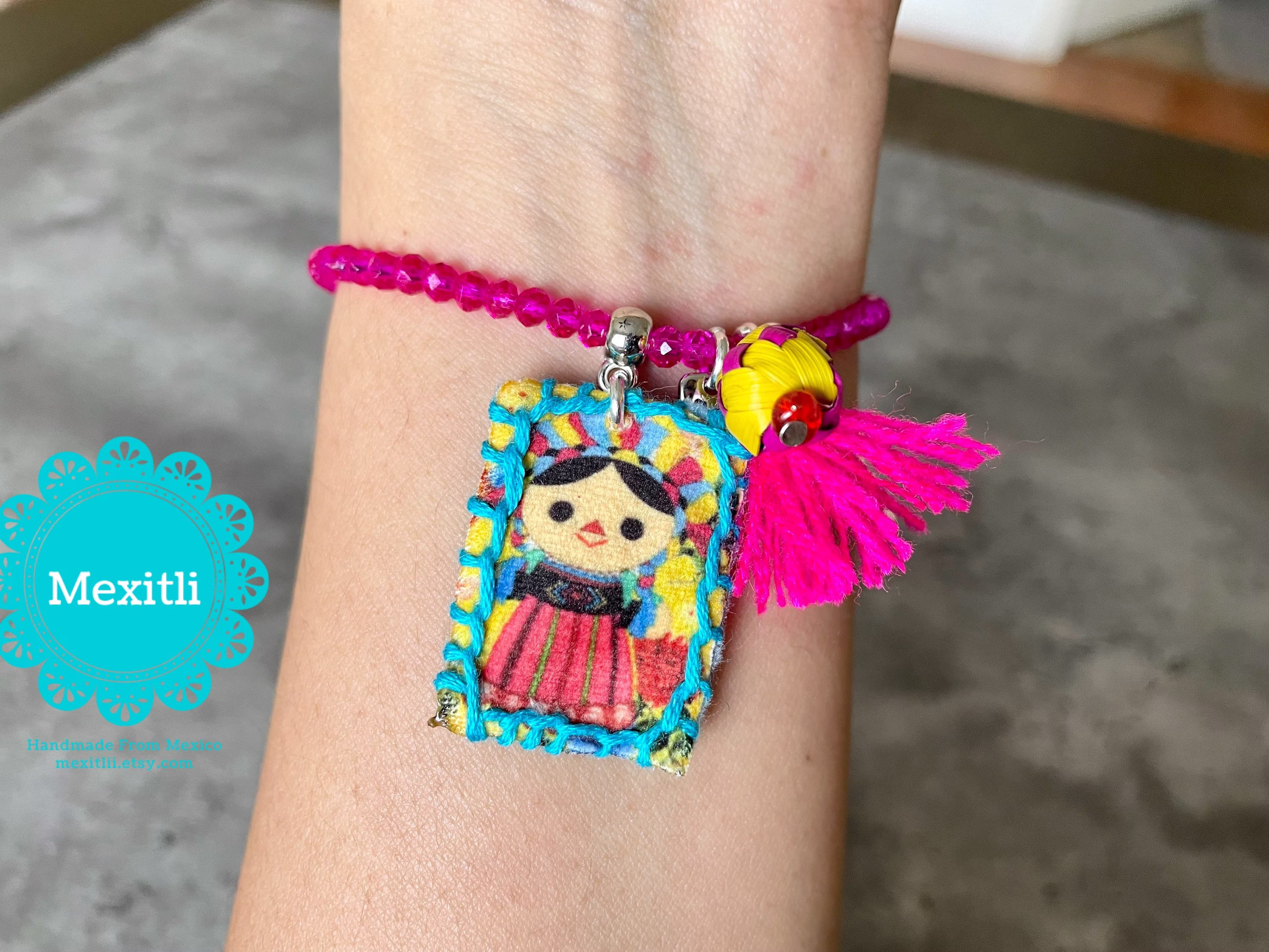 Lele Doll Scapular Mexican Bracelet, Muñequita Beaded Pulsera Mexicana, Folk Art