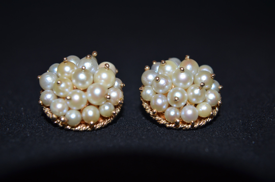 14K Yellow Gold & Natural Cultured Pearl Cluster Clip On Earrings, Vintage