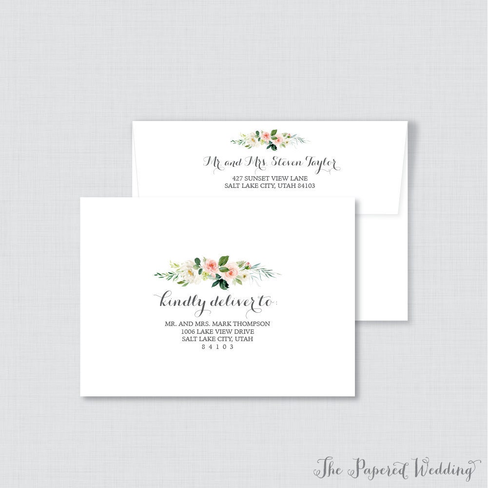 Wedding Envelopes - With Pink & White Flowers Calligraphy, Name Address, Custom Printed 0017