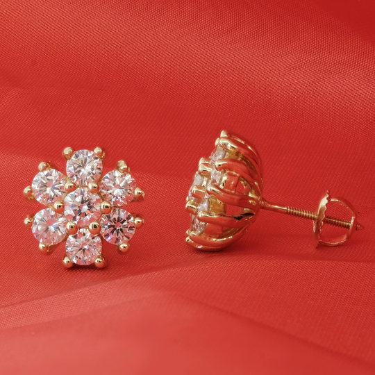 3.10Ct Diamond 7 Stone Cluster Flower Earrings, 14K Gold
